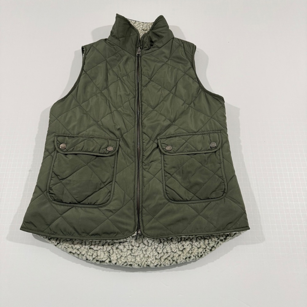 Studio 19 Quilted Vest Women Small Olive Green Reversible Sherpa Puffer WT11804